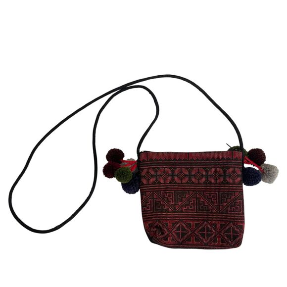 Women's Mini PomPom Crossbody Printed Abstract Zip Pouch Red - Picture 1 of 9